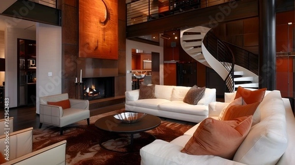 Fototapeta Sophisticated Loft Den with Designer Fireplace and Wrought-Iron Staircase