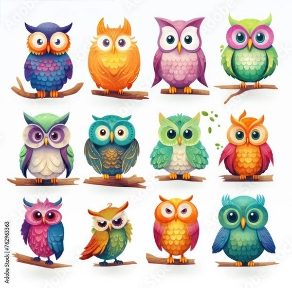 Obraz collection of cartoon owls and birds in various poses
