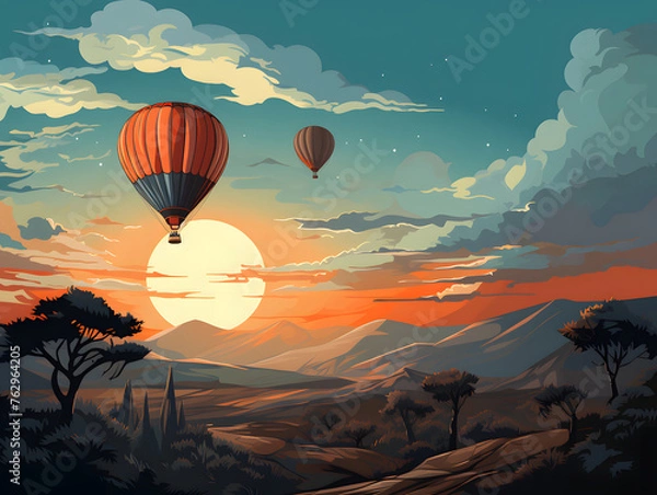 Obraz hot air balloon with sun coming out background illustration