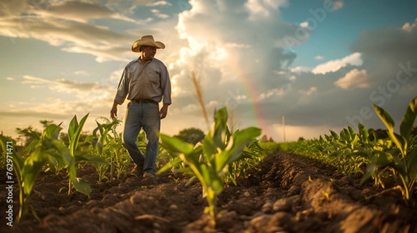 Fototapeta Capture the resilience of farmers as they work against the backdrop of storm clouds, rain, or even a rainbow