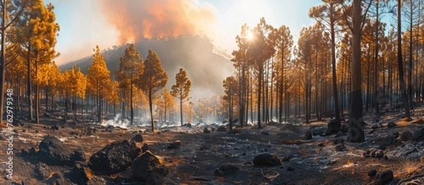 Fototapeta Pine forest devastated by wildfire in Tenerife, scorched trees, smoldering ground