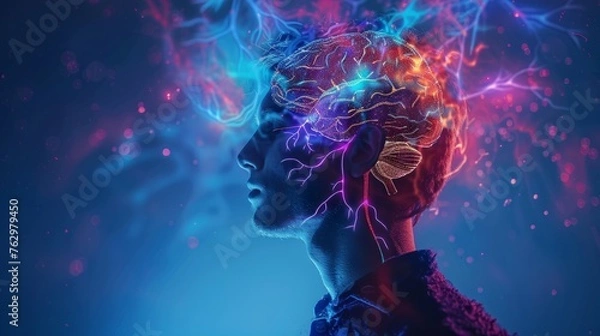 Fototapeta Brain Nervous System concept. Brain and thinking in a human head. Science for study and learn. Artificial Intelligence and Machine learning, AI Technology, Thinking Process concept.