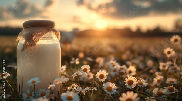 Fototapeta can of milk landscape of flower meadow