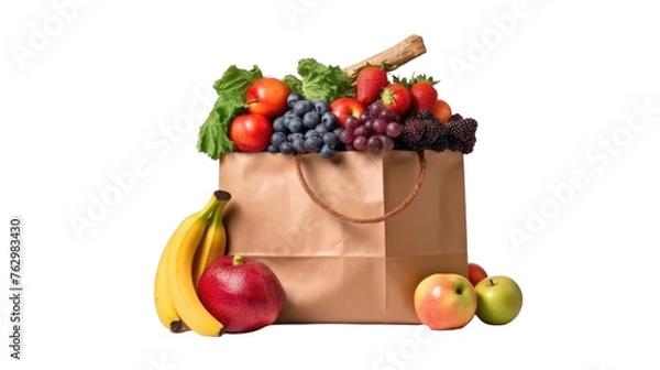 Fototapeta Paper Bag Filled With Fresh and Colorful Fruit. On a White or Clear Surface PNG Transparent Background..