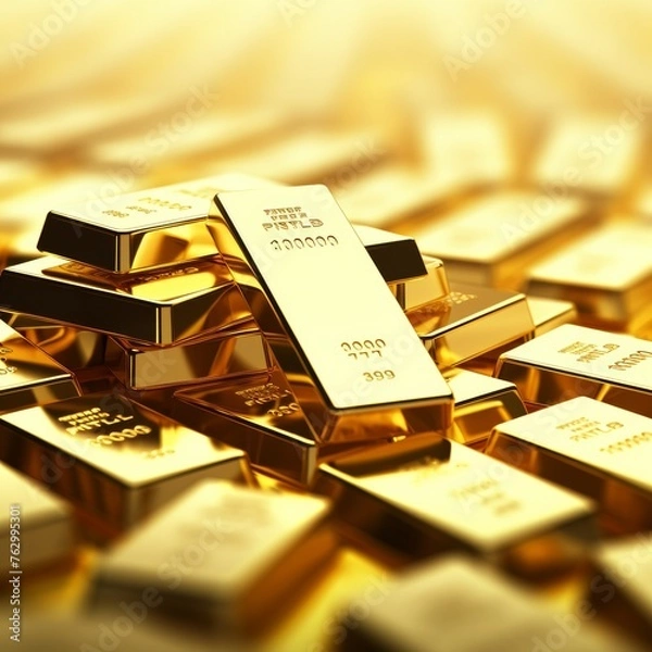 Fototapeta Ai generated ofGold bars Gold ingot, bullion gold, bank vault, stacked image. close up many pure gold bar ingot put on the black color with bokeh surface. many pile of gold bars in golden background.