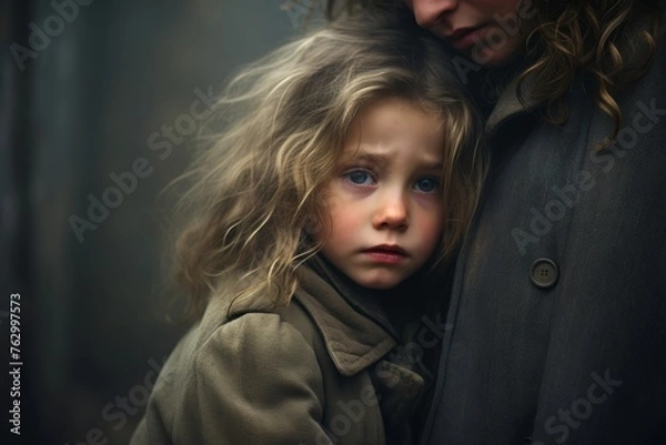 Fototapeta Solely on the distraught face of a weeping child, while their parent's figure fades into the background, their back turned away from the camera