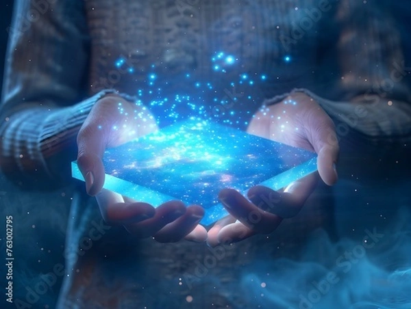 Fototapeta Glowing Cosmic Sphere Cupped Gently in Outstretched Hands, Symbolizing Innovation, Creativity, and Untapped Potential