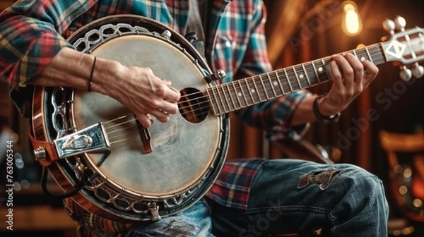 Fototapeta Man playing the banjo. Authentic image of male musician playing the banjo.