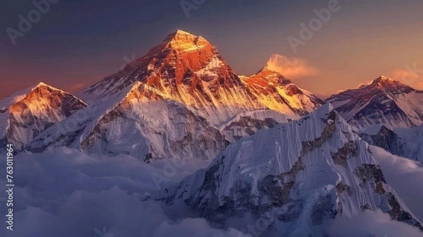 Fototapeta At sunset, Mount Everest looms majestically, its summit cloaked in snow, marking the pinnacle of the world's highest peaks.