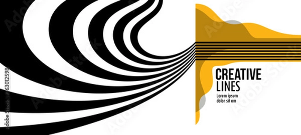 Fototapeta 3D black and yellow lines in perspective abstract vector background, linear perspective illustration op art.