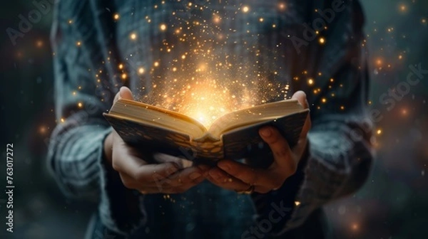Fototapeta Young man reading magic book in dark forest with lights and stars concept