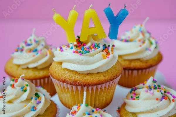 Fototapeta Close up of a stack of yellow cupcakes with white frosting and sprinkles on a pink background. Top cupcake features letter-shaped candles spelling out the word "YAY.