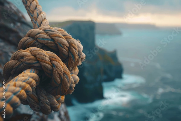Fototapeta A tightly bound nautical rope knot shown in close-up with an ocean background.