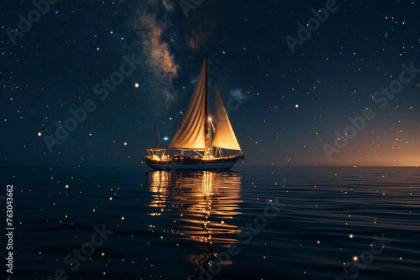 Fototapeta An elegant yacht under a starlit sky, its sails shimmering in the moonlight against calm waters, capturing the tranquility of a nocturnal ocean journey.