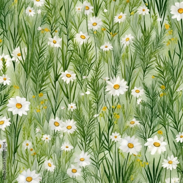 Obraz white flowers and grass painted with watercolors