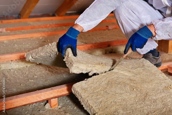 Obraz Installing thermal insulation layer - closeup on hands