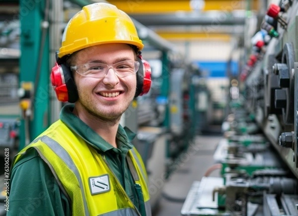 Fototapeta Happy Factory Worker in Safety Equipment: Positive Engineer with Yellow Helmet