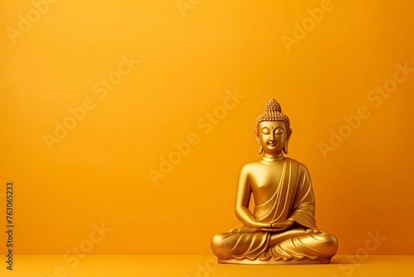 Fototapeta Buddha statue on golden background and copy space - generative ai