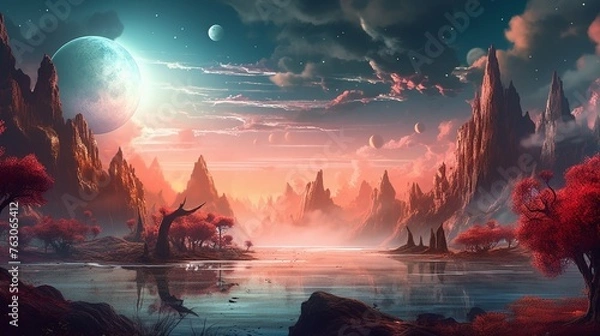 Fototapeta landscape with moon and clouds