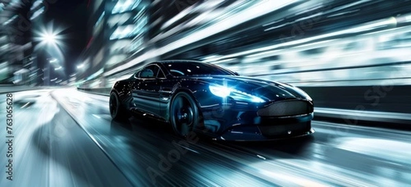 Obraz Vehicle with hood and alloy wheel driving through tunnel at night