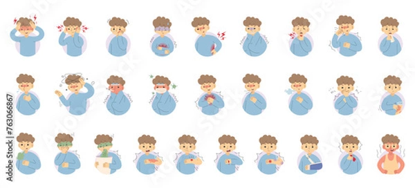 Fototapeta Symptoms, Ailments and Injuries Collection 4 cute on a white background, vector illustration.