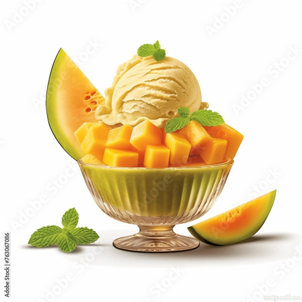 Obraz Melon ice cream, ice flakes with syrup