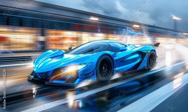 Obraz A blue race car speeds on a wet road with tires splashing water