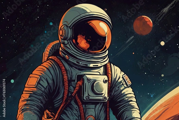 Fototapeta Vintage-style illustration of space astronaut. Abstract science fiction poster or banner. 