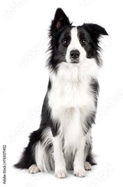 Fototapeta Beautiful black and white border collie sitting facing front, looking straight to camera, isolated on a white background