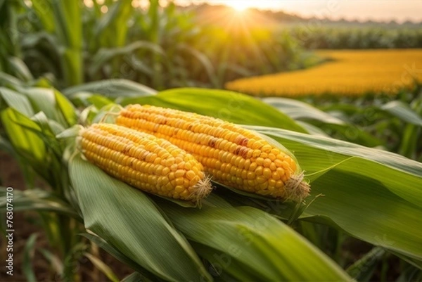 Fototapeta corn in corn field ready to harvest with sunrise background. agriculture, farming and harvesting concept