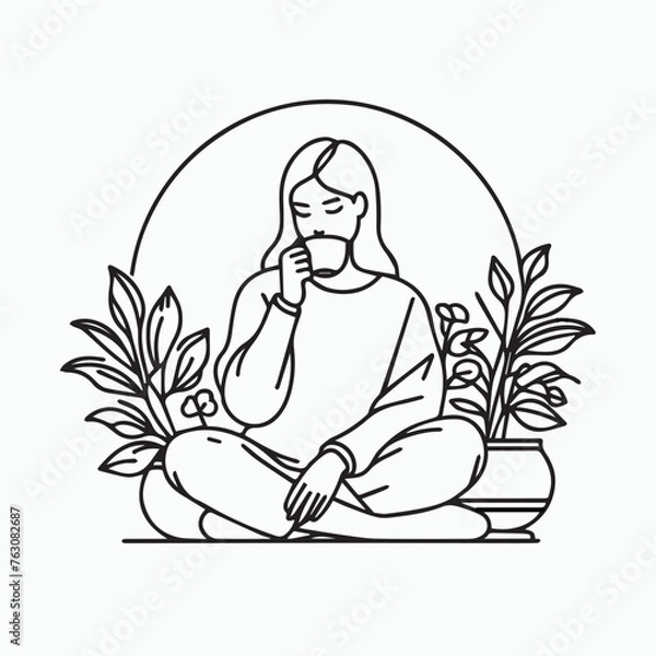 Fototapeta a girl drinking tea, minimal design, outline with solid fill color, background white vector illustration line art