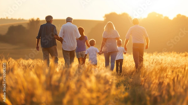 Obraz A family of six is walking through a field of tall grass