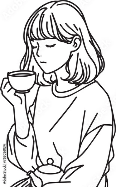Fototapeta a girl drinking tea, minimal design, outline with solid fill color, background white vector illustration line art