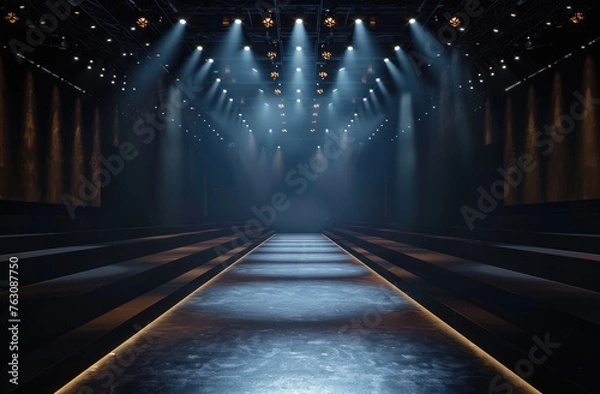 Fototapeta Empty catwalk with many spotlights, fashion event, runway podium stage