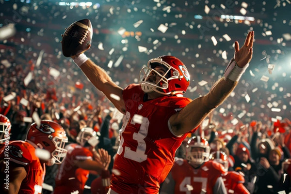 Fototapeta Red-clad American football player celebrates a fumbled ball in packed Superbowl stadium.