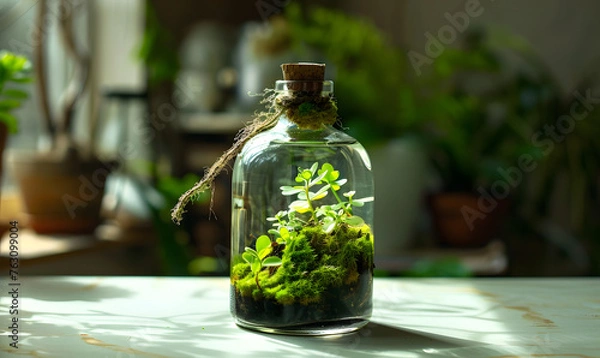 Fototapeta Moss and plants in one bottle on a table, Generative AI 