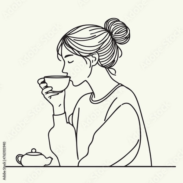 Fototapeta a girl drinking tea, minimal design, outline with solid fill color, background white vector illustration line art 