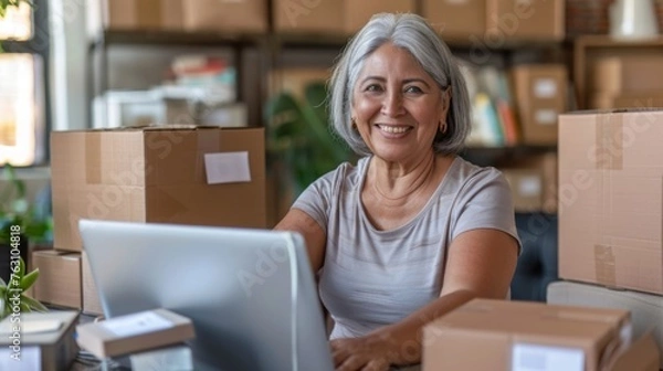 Obraz Small business owner is working on a laptop in the warehouse