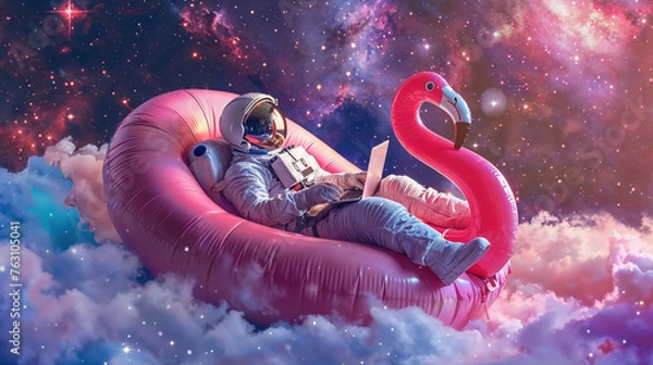 Obraz Kapryśny portret astronauty spędzającego wolny czas na platformie z różowymi flamingami pośród oszałamiającego kosmosu