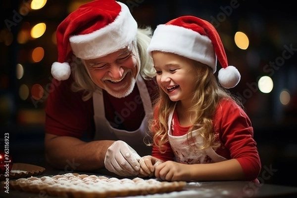 Obraz Joyful grandfather and granddaughter baking ginger cookies in christmas-themed kitchen