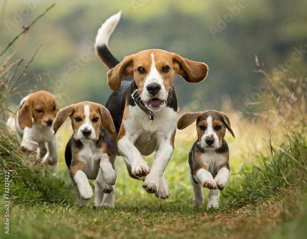 Fototapeta Hund, Beagle mit Welpen die durcheinander laufen, KI generiert