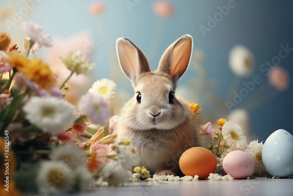 Obraz Easter eggs, flowers and bunny on pastel background