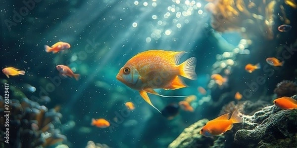 Fototapeta a saltwater fish swimming in beautiful marine fish tank decorated with  sea anemone and rock, bubble with bokeh light, gorgeous aquarium scene, Generative Ai