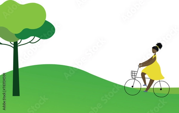 Fototapeta Eco-poster with a black girl on a bicycle on a summer background. Vector of an afro girl in a yellow dress. Idea, concept, ecology. Biotechnology. Ecology. Vector Graphics EPS 10
