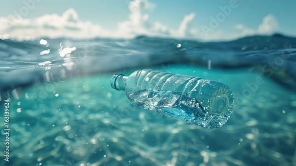 Fototapeta Plastic Bottle Floating in Crystal Clear Ocean Water Under Bright Daylight
