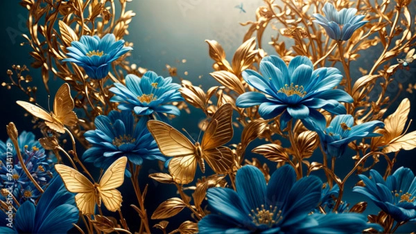 Obraz Beautiful background with blue flowers and golden butterflies