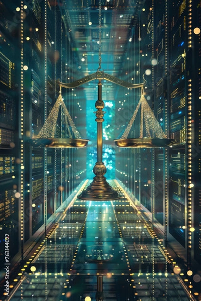 Fototapeta Golden Scales of Justice in Futuristic Data Center Corridor