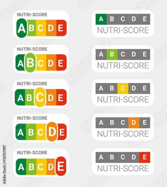 Fototapeta Nutri-score icons set. Isolatad Nutriscore stickers for packaging on white background. Food rating system signs : A, B, C, D, E. Vector illustration.