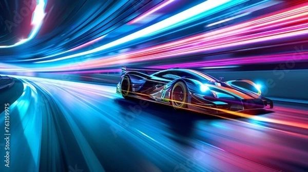 Fototapeta High speed futuristic race car with light trails on a track