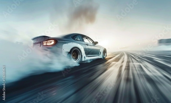 Obraz Vehicle drifting on wet asphalt, tires smoking, under sky
